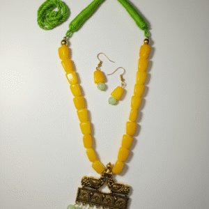 yellow beaded oxidised pendant necklace set with earrings