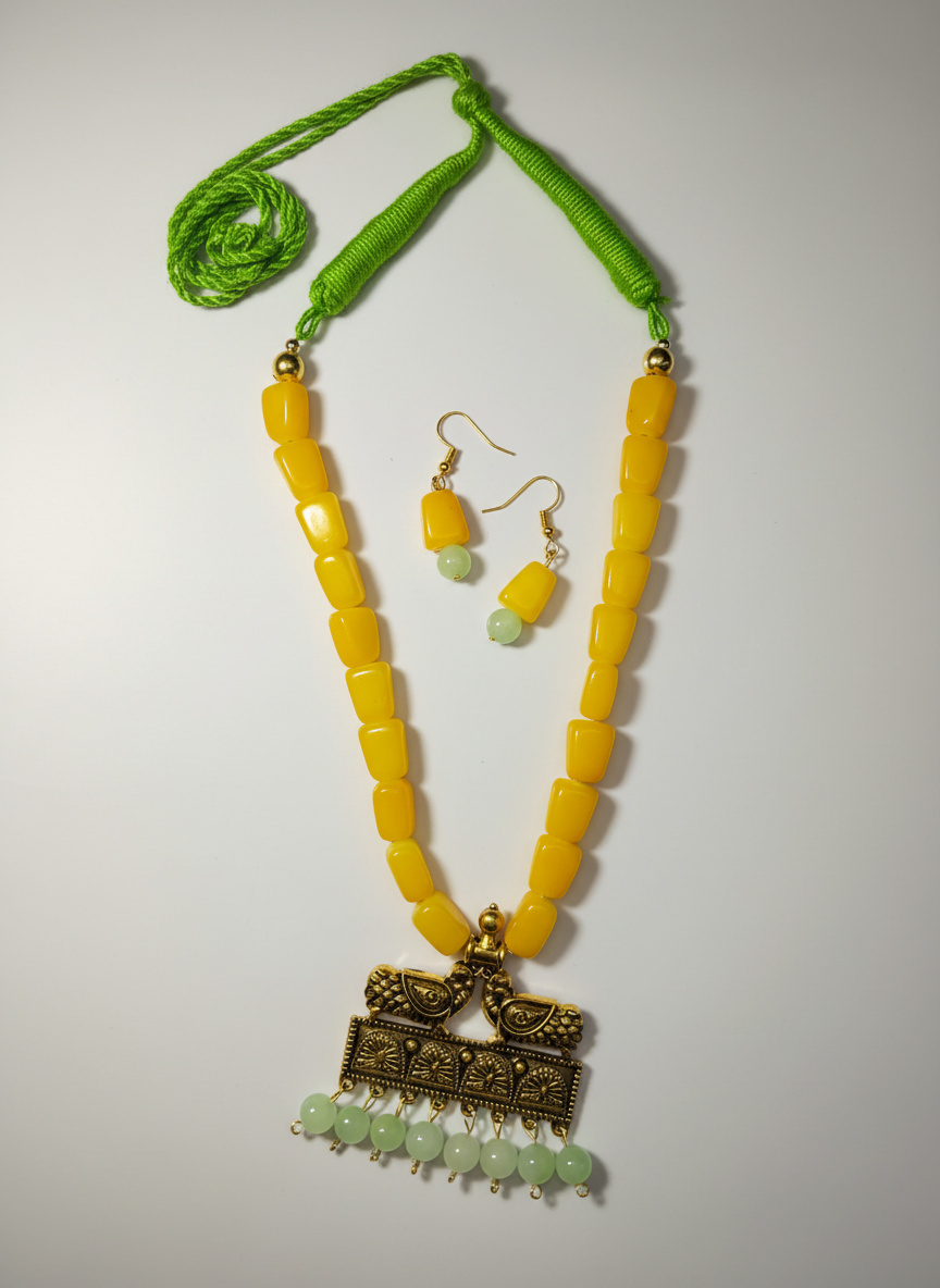 yellow beaded oxidised pendant necklace set with earrings yellow beaded oxidised pendant necklace set with earrings