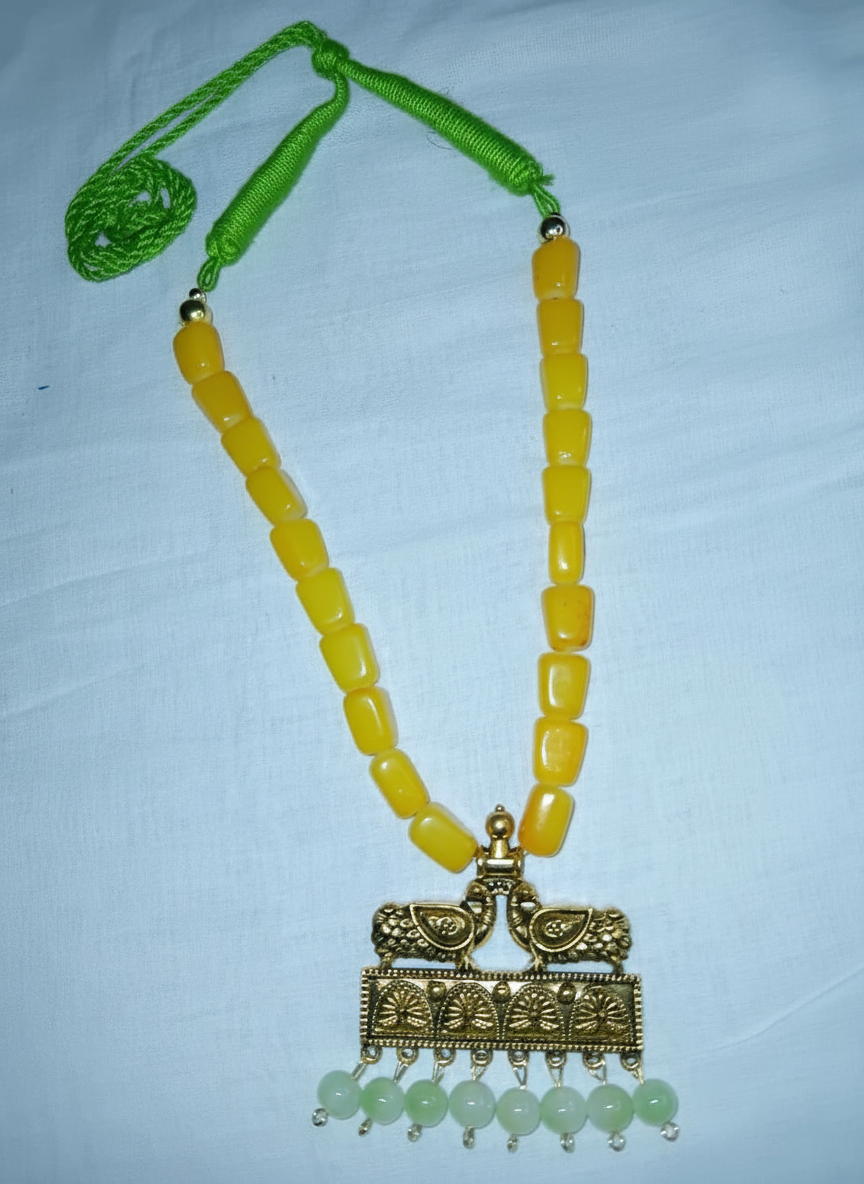 yellow beaded oxidised pendant necklace set with earrings yellow beaded oxidised pendant necklace set with earrings